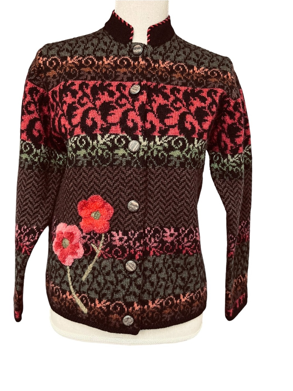 Vintage Susan Bristol Wool Hand Embroidered Unique Earthy Cardigan Sweater Small